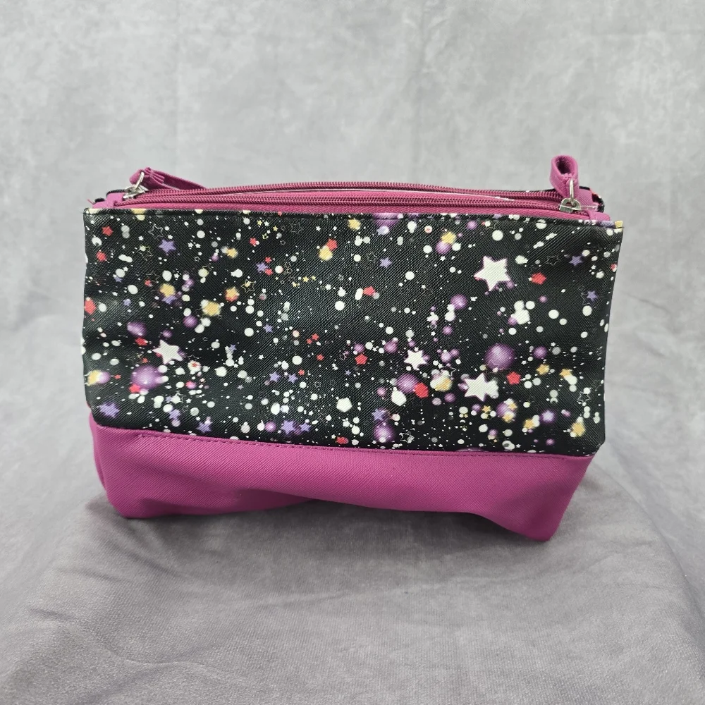 Tahari Purple Star Double Zipper Toiletries Snap‎ Makeup Cosmetics Bag